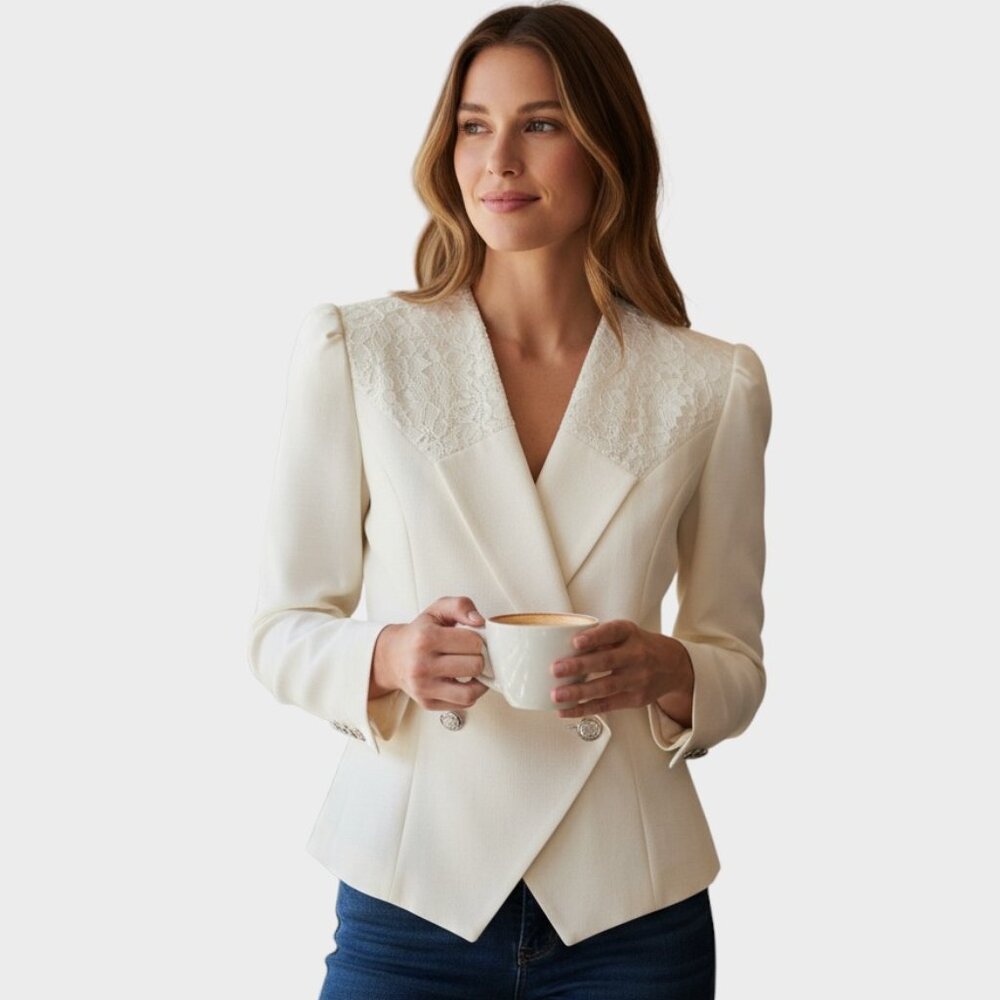 Vintage Chablis Blazer Womens 7 Cream Lace Yoke Single Breasted Classic Luxe